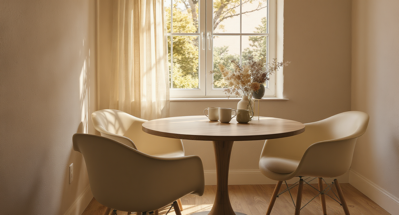 Cozy breakfast nook with textured plaster walls, wooden table, woven chairs, handmade ceramics, and soft sunlight.
