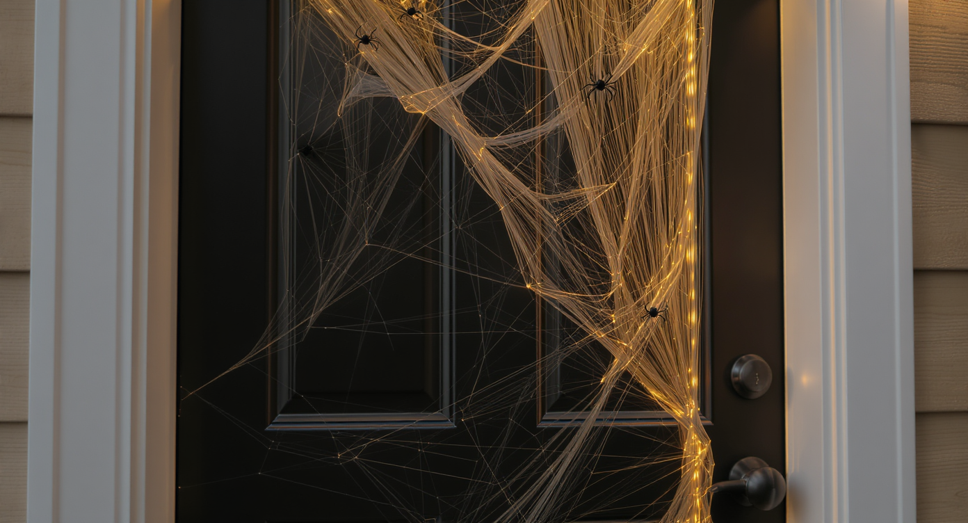 Close-up view of a sleek black front door decorated with delicate translucent webbing and matte black metal spiders under warm amber LED lighting.