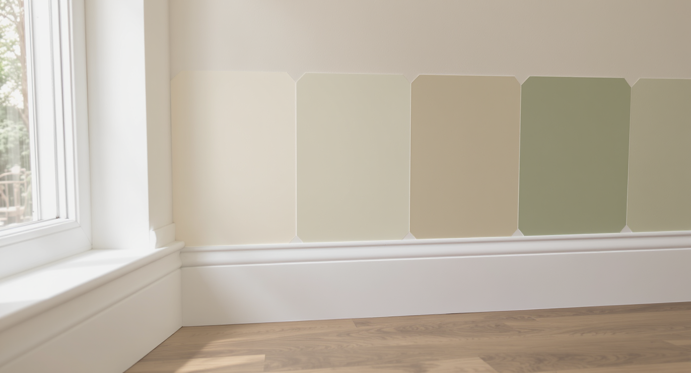 Close-up of large paint swatches in warm white, beige, and sage green above oak flooring and white baseboards, illuminated by natural light.