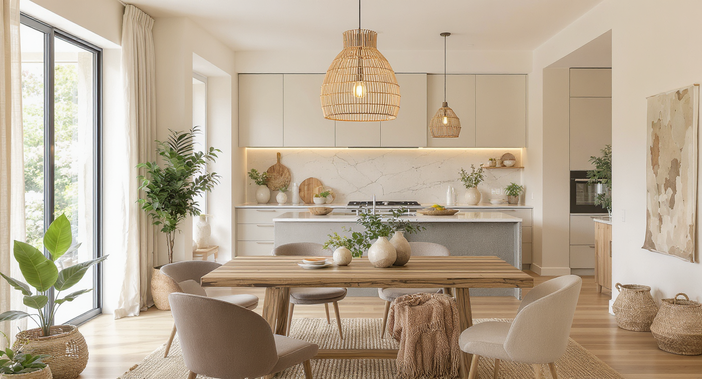 Cozy dining area with reclaimed wood table, handcrafted pendant light, sustainable kitchen, and natural textures in warm earthy tones.