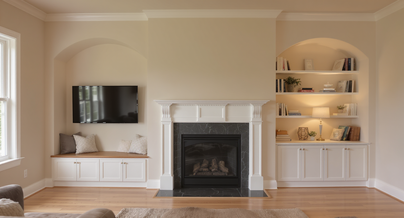 Living room alcove with three design ideas: TV above fireplace, reading bench with cushions, and tall shelves filled with books, softly lit.