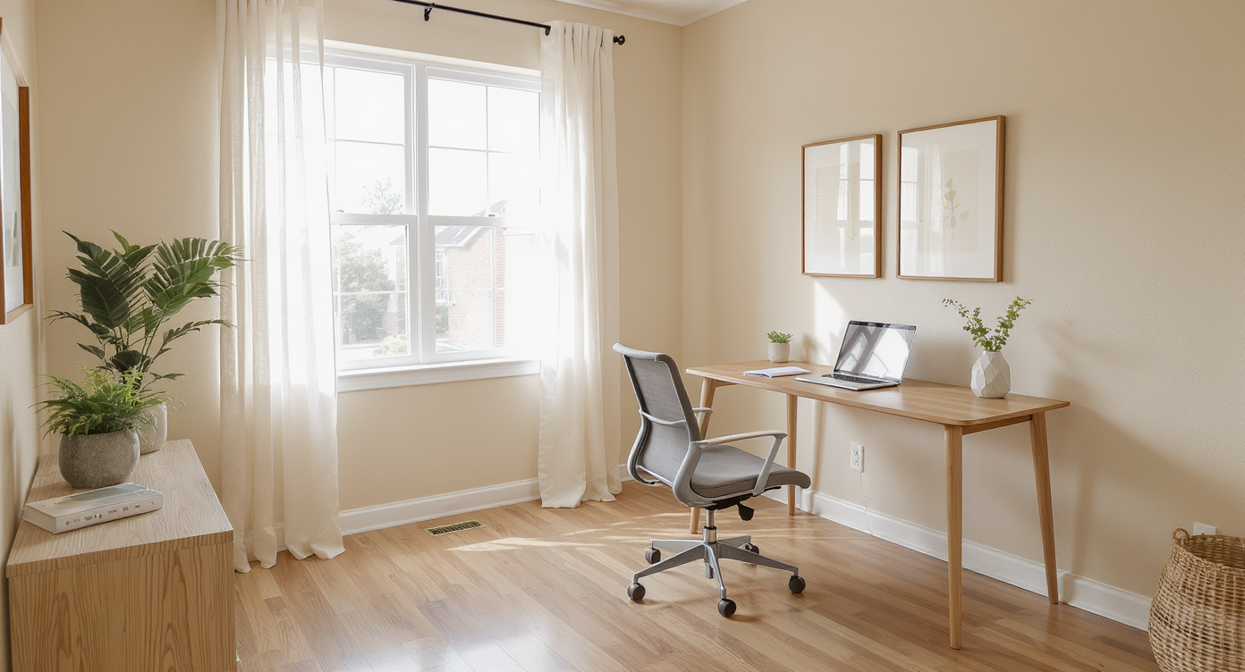 Bright home office with wooden desk, ergonomic chair, laptop, large window with sheer curtains, and minimal decor in natural light.