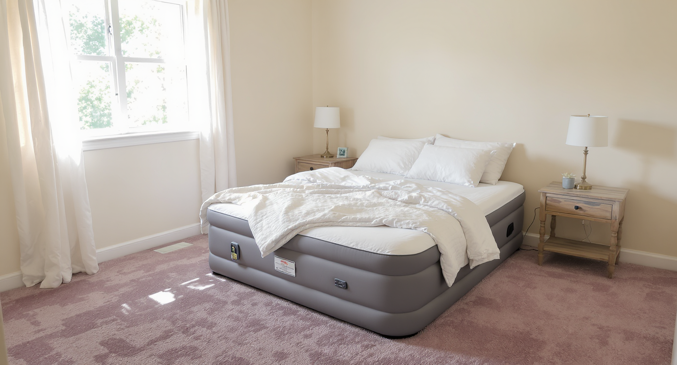 Small staged bedroom with soft beige walls, queen air mattress with white and cream layered bedding, vintage nightstands, and taupe carpet with purple hues under natural light.