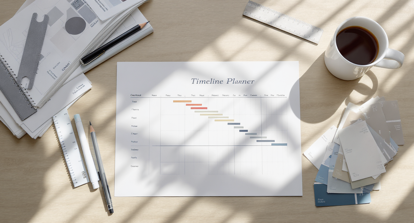 Minimalist flat lay of a renovation timeline planner with Gantt chart, architectural tools, color swatches, and coffee on wooden desk.