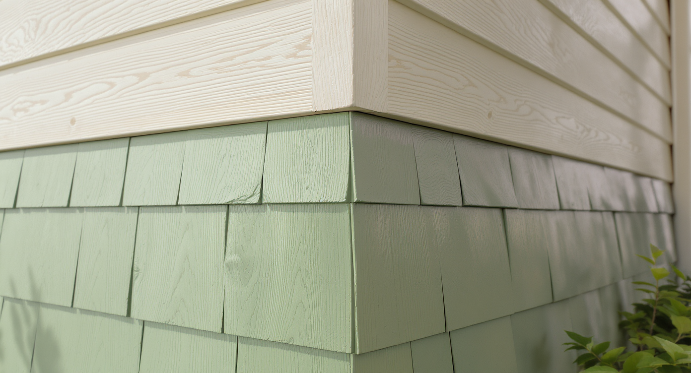 Close-up of a house corner showing warm vine green cedar shake siding meeting warm beige cream vinyl siding under natural daylight.