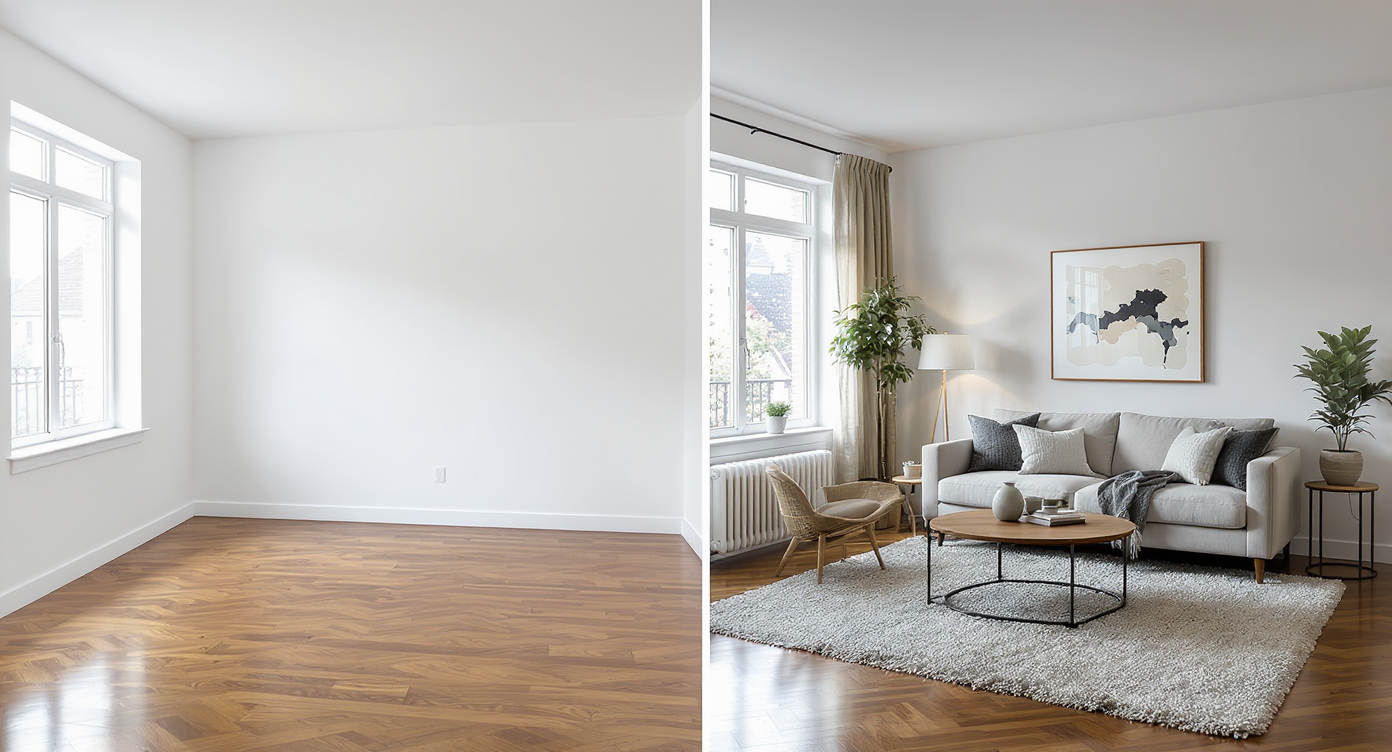 Side-by-side comparison of an empty white-walled room with hardwood floors and the same room virtually staged with a modern sofa, rug, and decor.