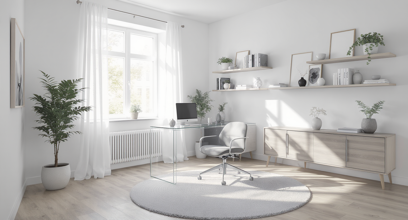 Minimalist home office with virtual staging showing sleek glass desk, ergonomic chair, floating shelves, and natural light from large windows.