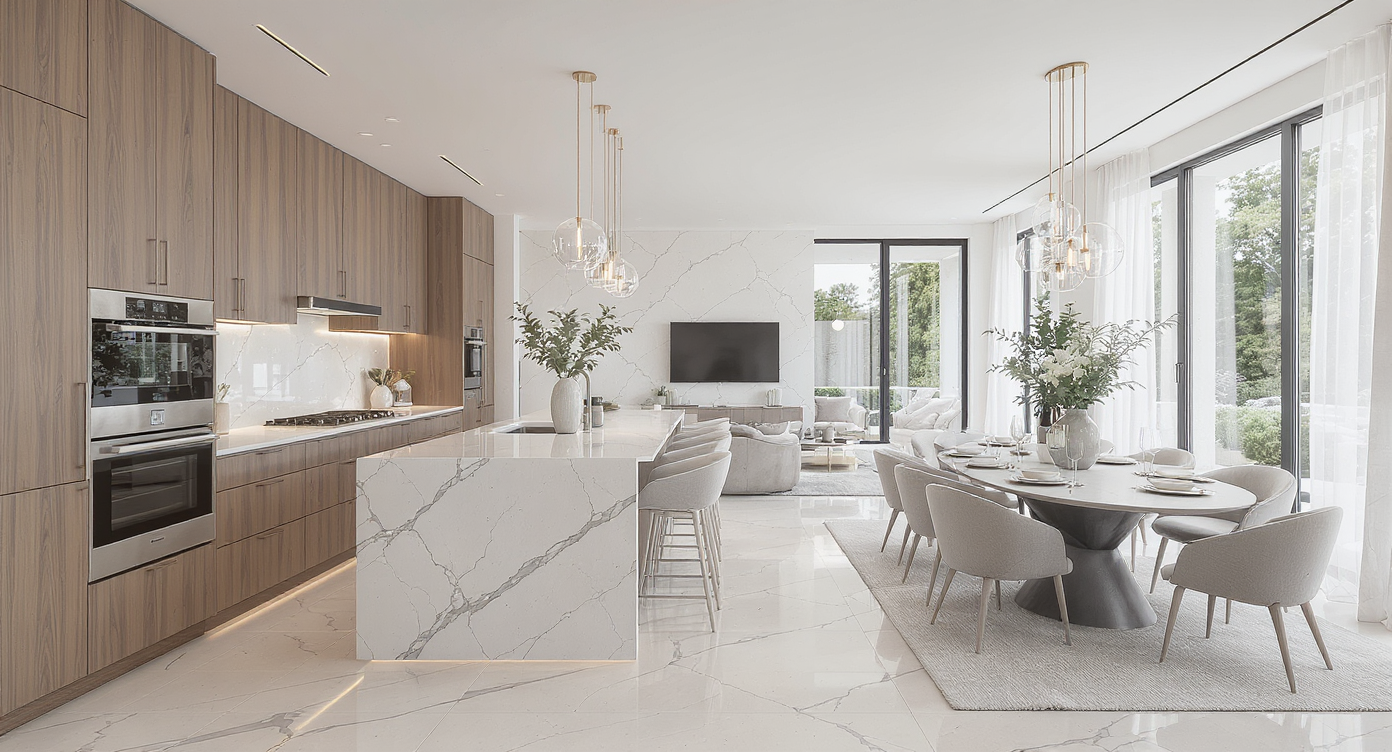 Bright open kitchen and dining space with marble countertops, wood cabinetry, and natural light through large windows.