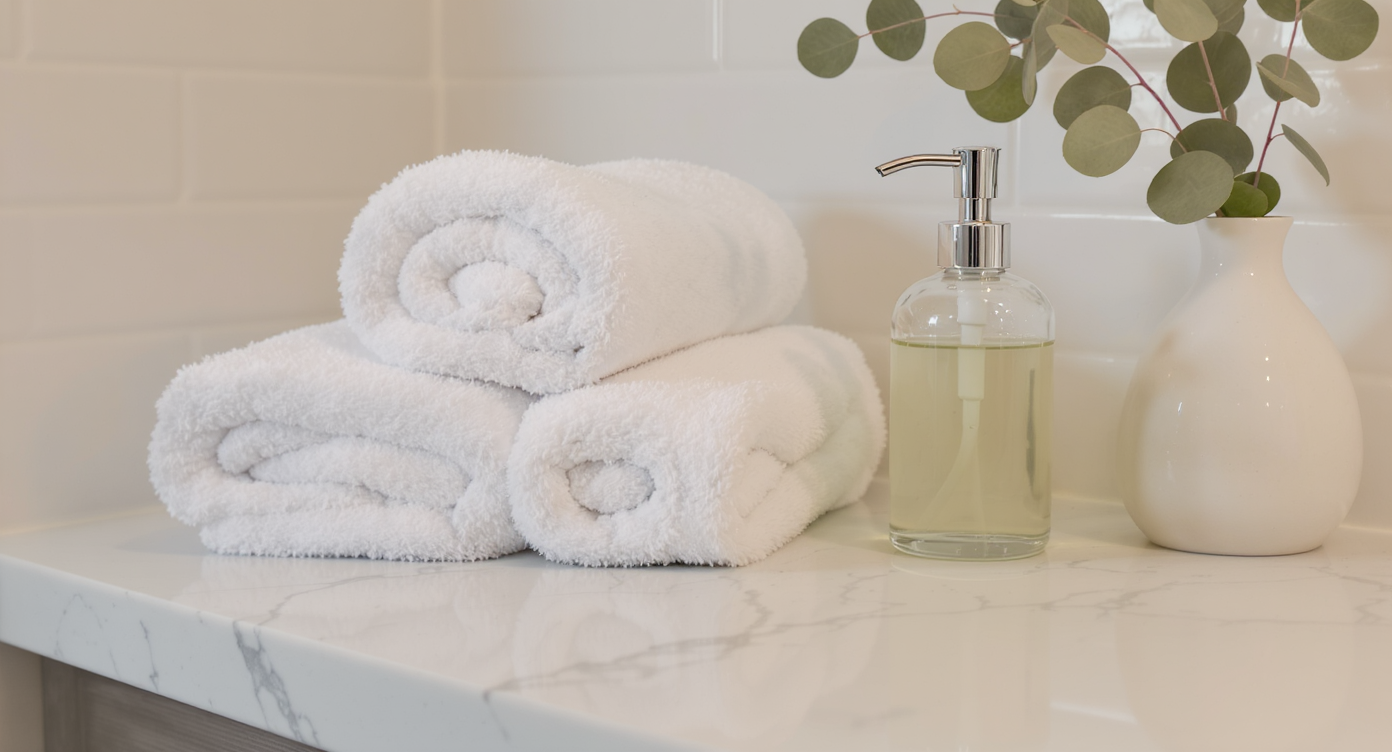 Close-up of pristine bathroom counter with white towels, glass soap dispenser, eucalyptus sprig, and subway tile backsplash.