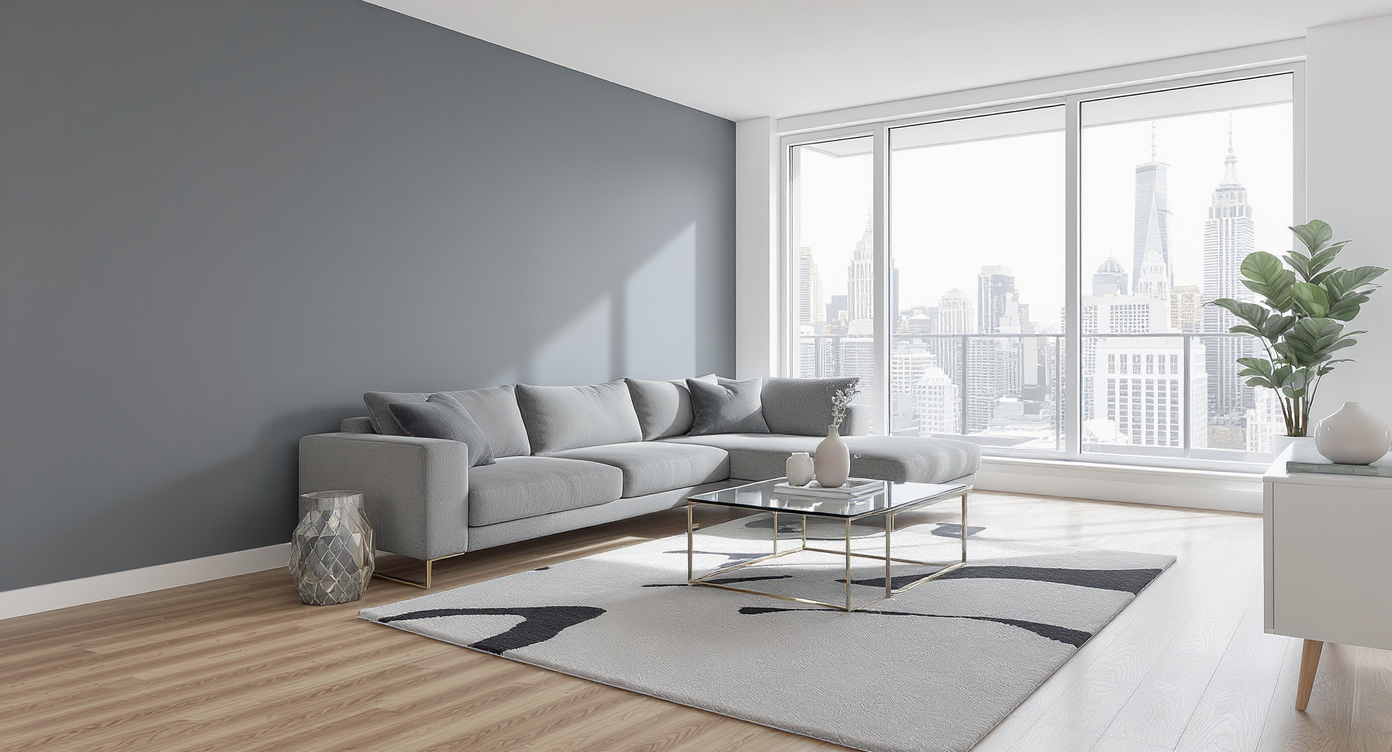 Virtual staging of an empty apartment with gray sectional sofa, glass coffee table, light hardwood floors, and city view windows.