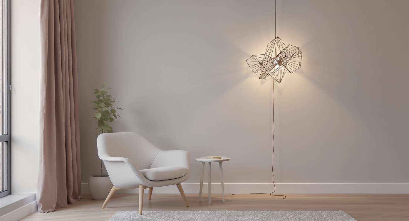 Minimalist city living room corner with zigzagging pendant light cord as wall art, soft gray walls, and minimal furniture in warm light.