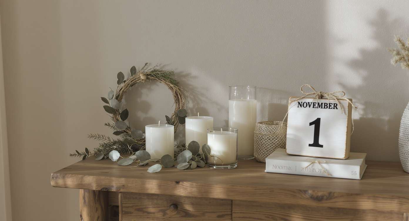 Entryway table styled with eucalyptus wreath, candles, vintage books tied with twine, and a rustic calendar showing November 1.