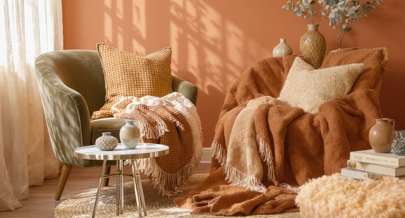 Cozy corner with olive velvet curved chair, polished nickel table, layered textiles, and terracotta wall with vintage decor.