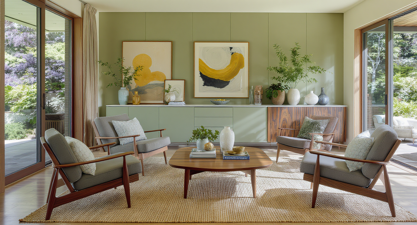 Sunlit midcentury modern seating area with vintage chairs around wood cocktail table, sage-green kitchen, and lush outdoor views.