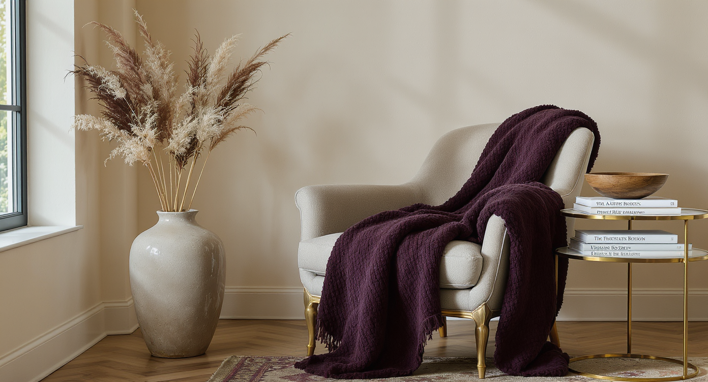 Vintage armchair with thick plum throw, matte ceramic planter with dried grasses, brass side table with handcrafted decor against a warm cream wall.