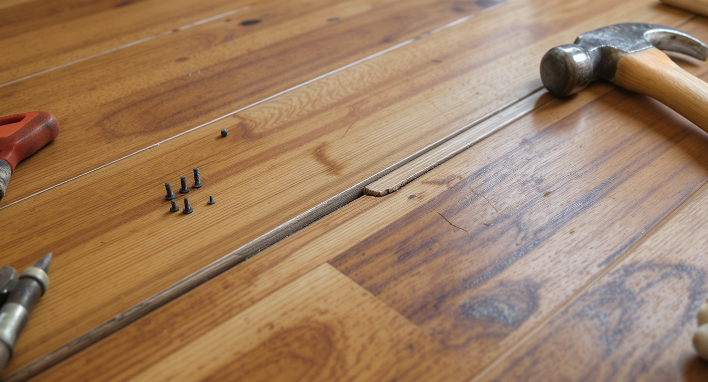 Close-up of hardwood floor with nail pops and gaps alongside renovation tools under soft natural light.