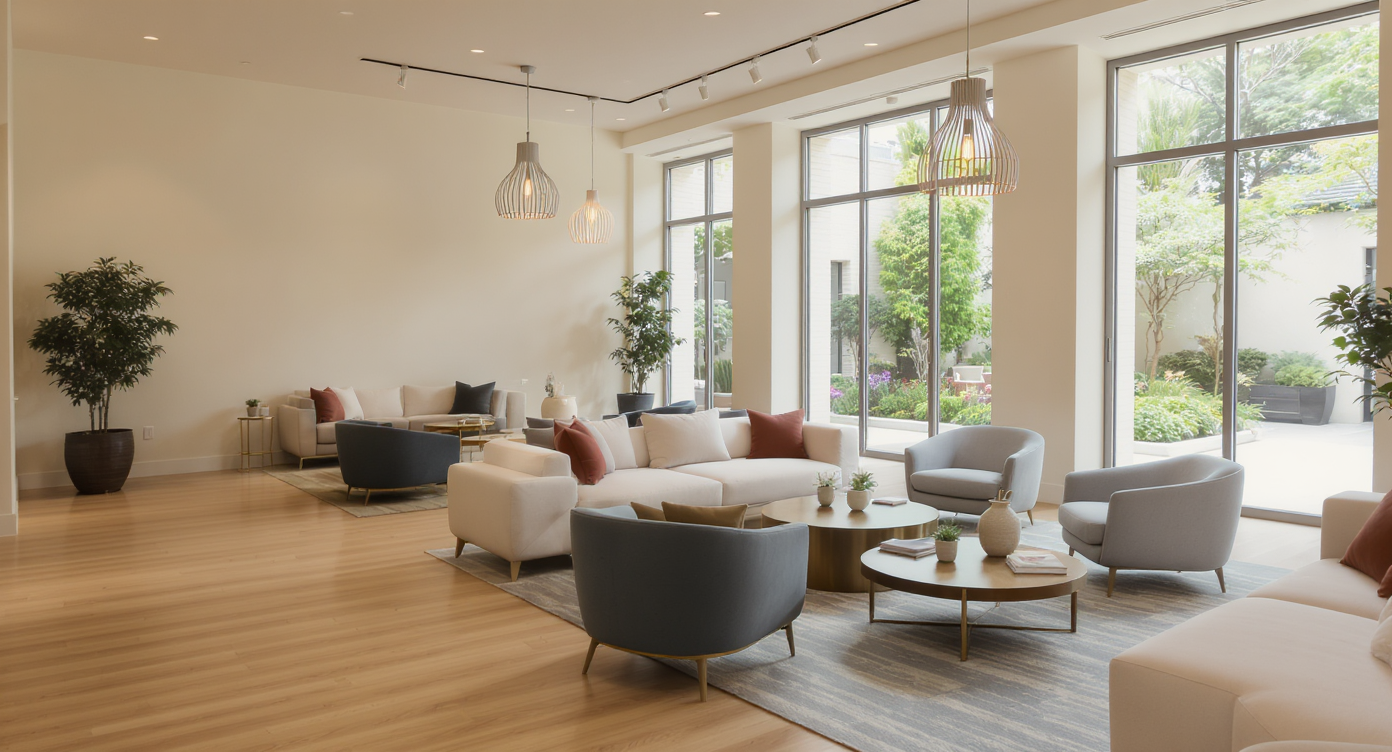 Bright community center interior with oak floors, modular seating, and large windows overlooking a garden, designed for local events.