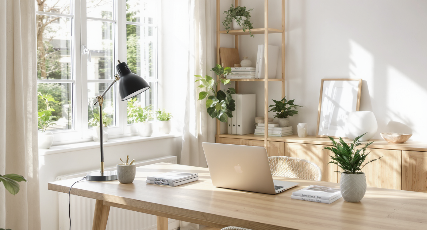 Well-lit home office with minimalist wood desk, laptop, real estate brochures, and natural light from large window.