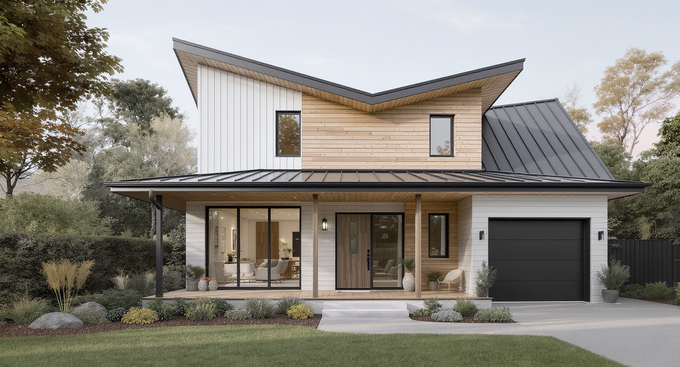 Architectural illustration of a quirky home exterior with mixed siding, asymmetrical rooflines, and a balanced wraparound porch under soft daylight.