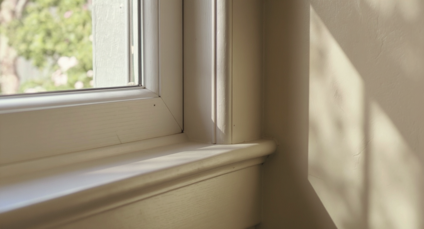 Close-up of a window corner showing putty gray trim against warm creamy Alabaster walls under soft natural light.