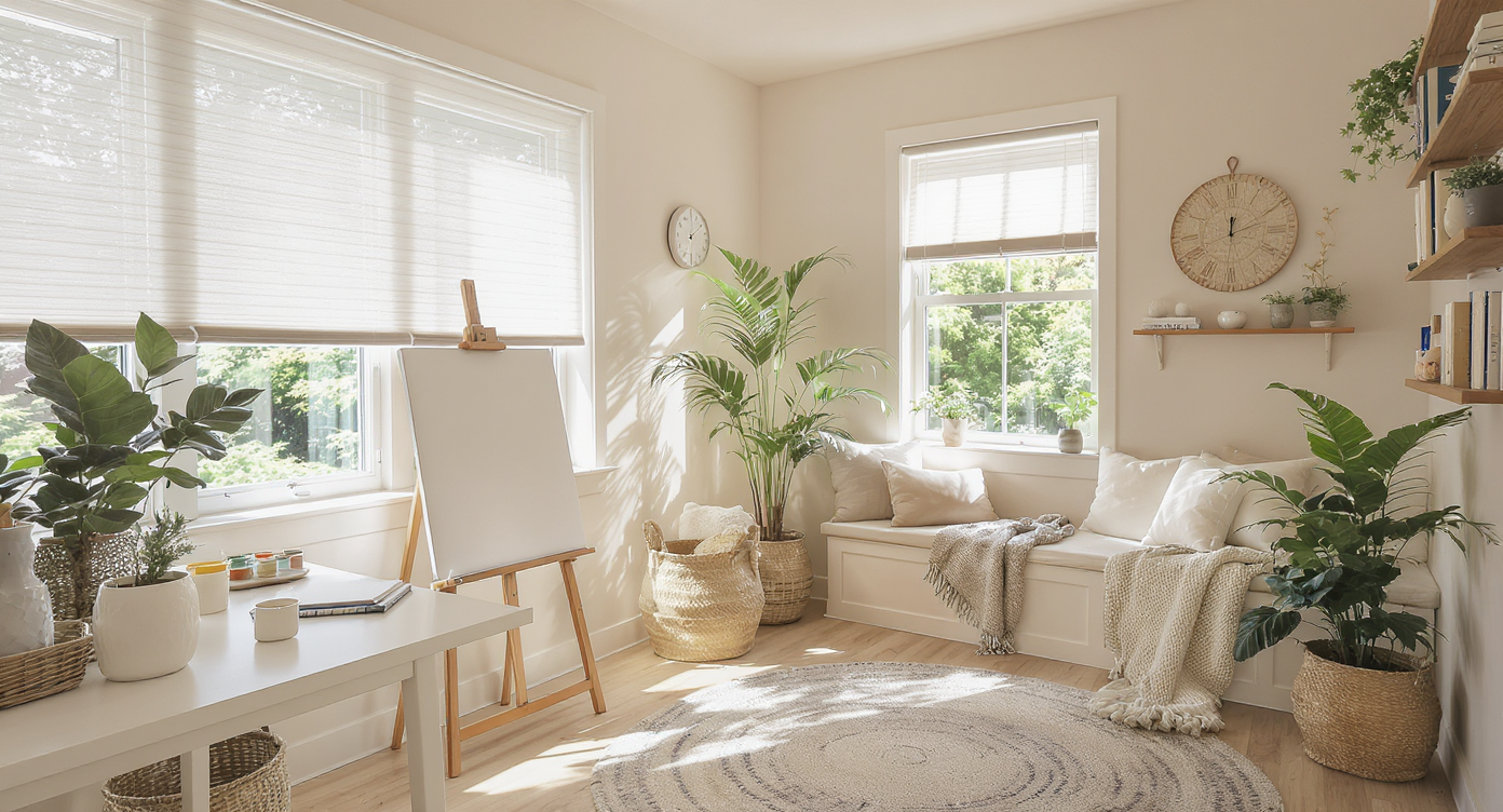 Sunroom showing a well-zoned layout with a bright artist's workspace and a cozy reading nook featuring cushions and bookshelves.