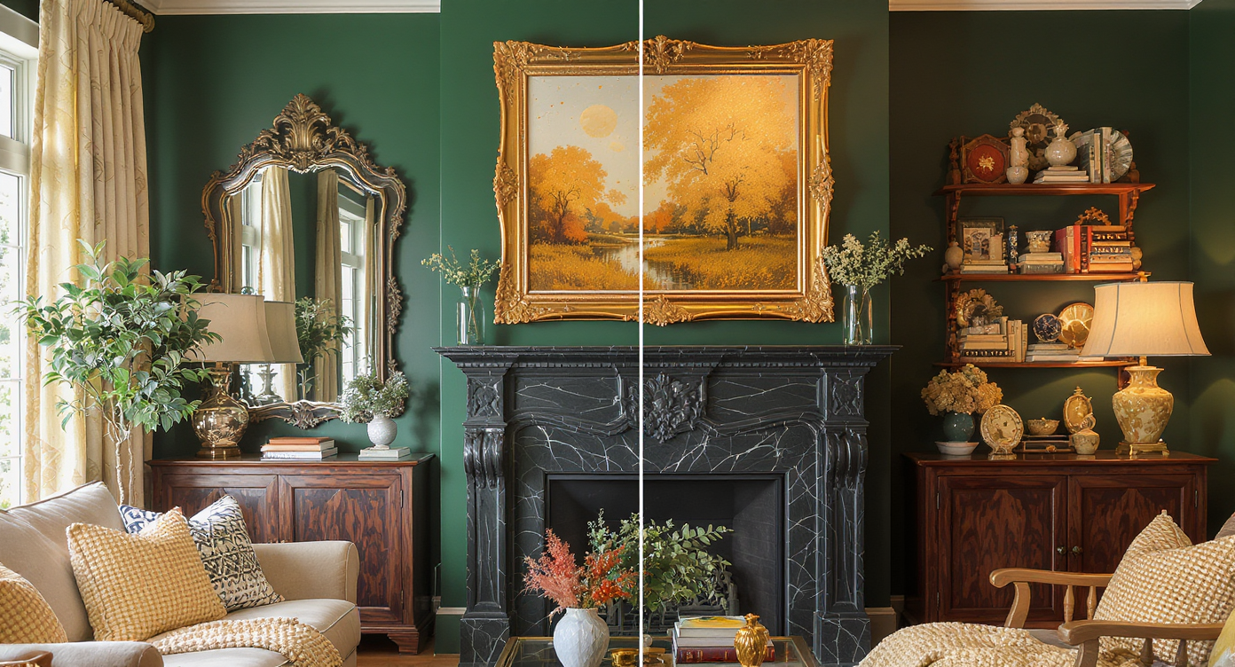 Split view of a moody green living room fireplace wall showing a large mirror on one side and a framed art piece on the other, with warm wood and plush seating.