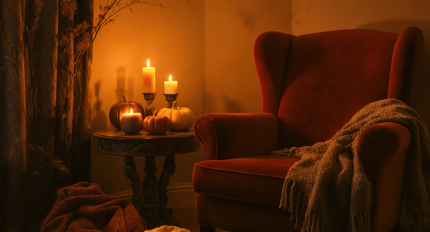 Cozy corner with burnt orange velvet armchair, sculptural pumpkins, warm candlelight, and textured wool throw on neutral background.