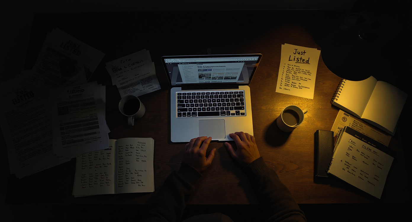 A real estate agent working late at a desk calculating income, commissions, and marketing costs.