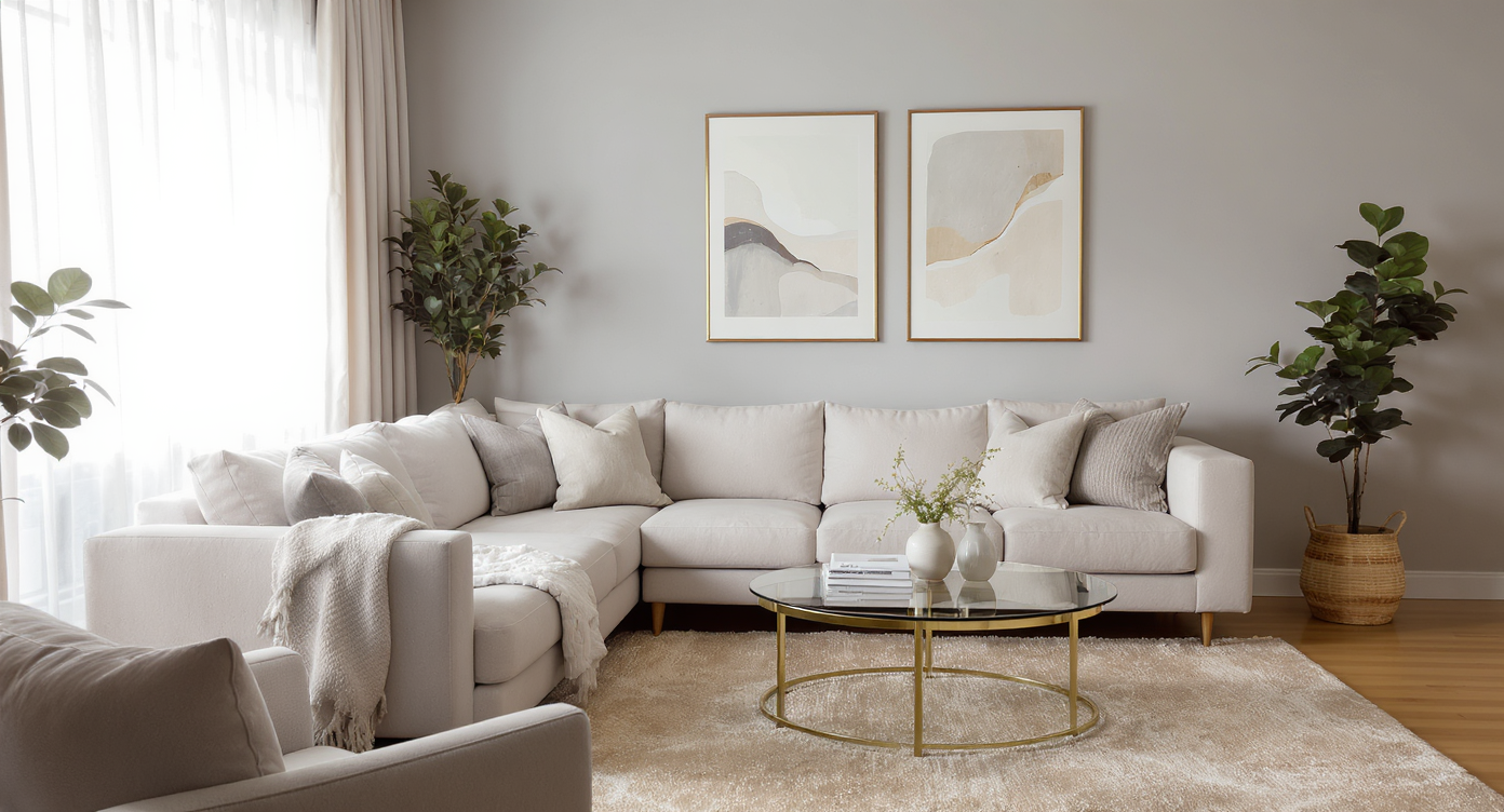 Calm, modern living room with beige sofa, natural fibers, soft gray walls, and abundant natural light.