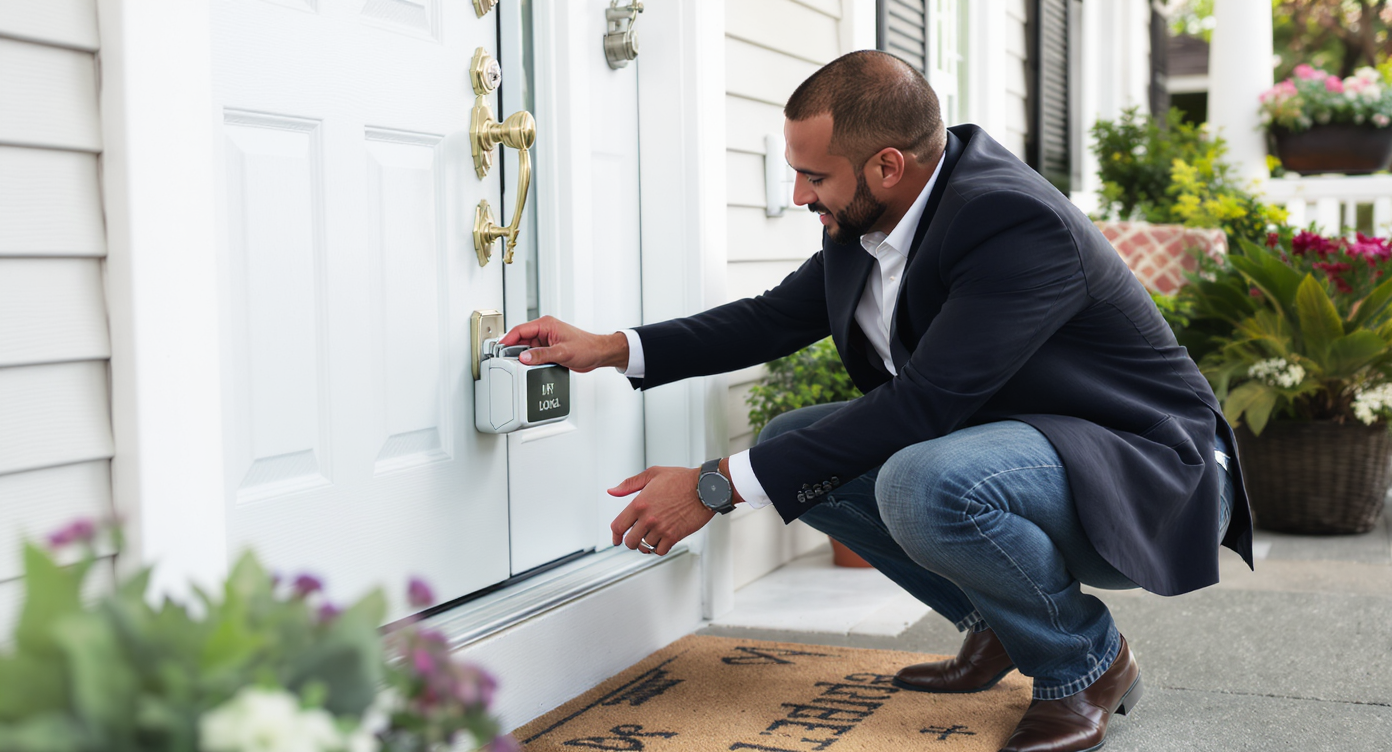 A realtor removing a lockbox from a home’s front door after closing to complete post-sale procedures.