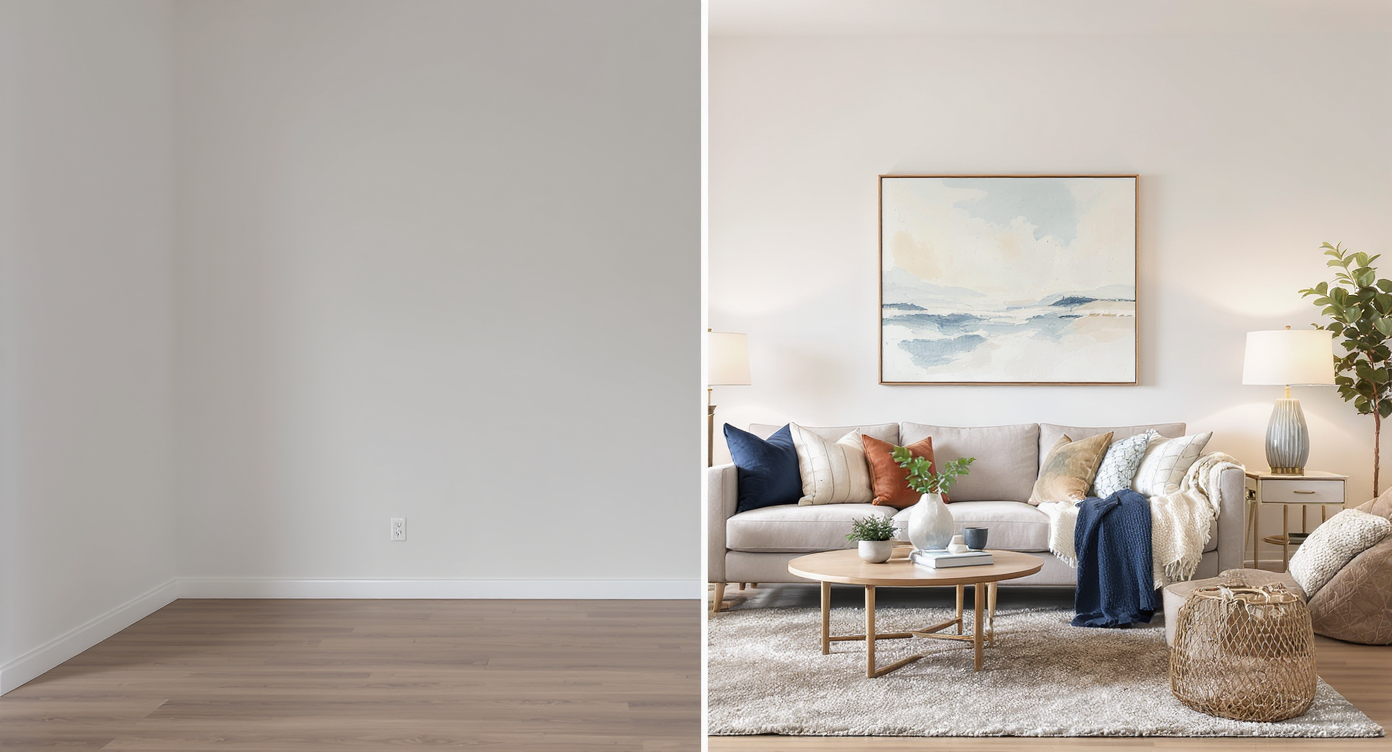 Split image showing empty room on one side and same room fully staged with modern furniture and decor on the other side.