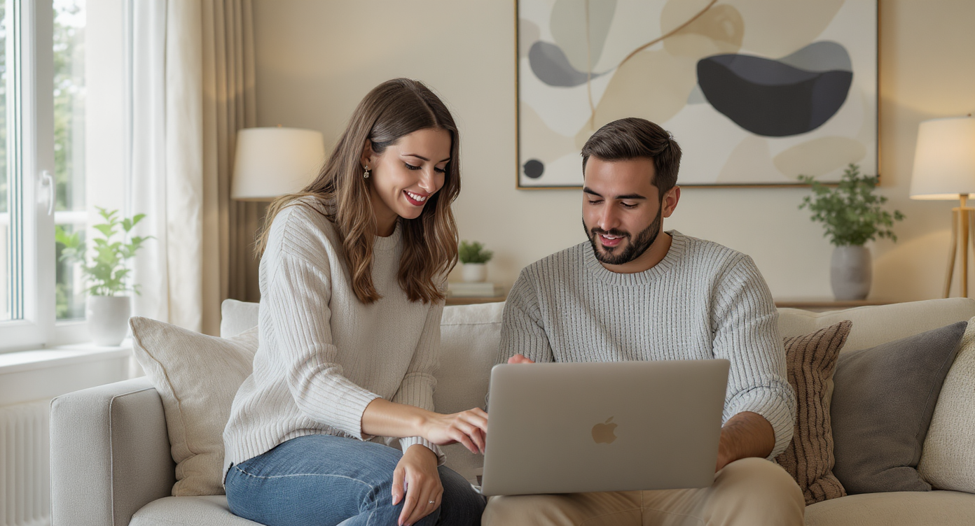 A female realtor presenting AI-generated home design ideas to clients in a bright, modern living room, symbolizing collaboration between humans and technology.