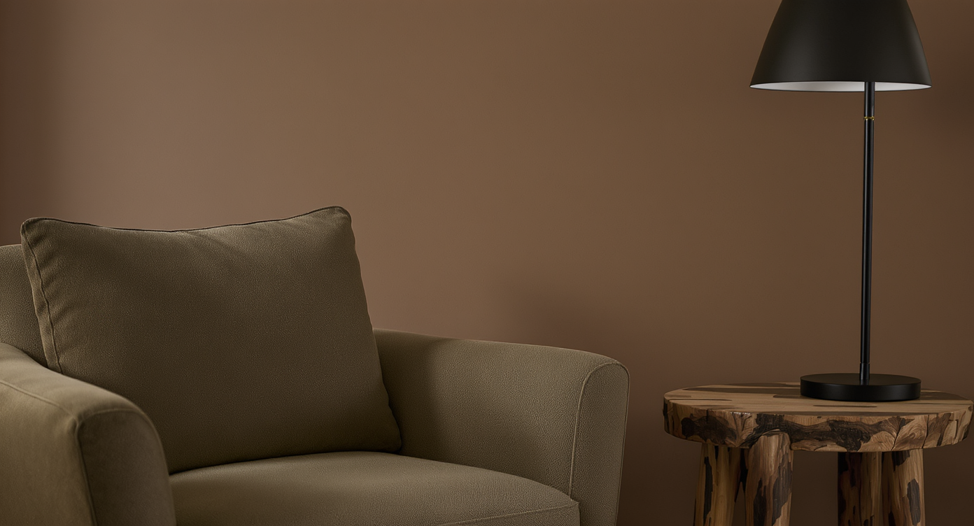 Cozy corner with warm taupe walls, olive linen armchair, reclaimed wood side table, and soft ambient lighting.