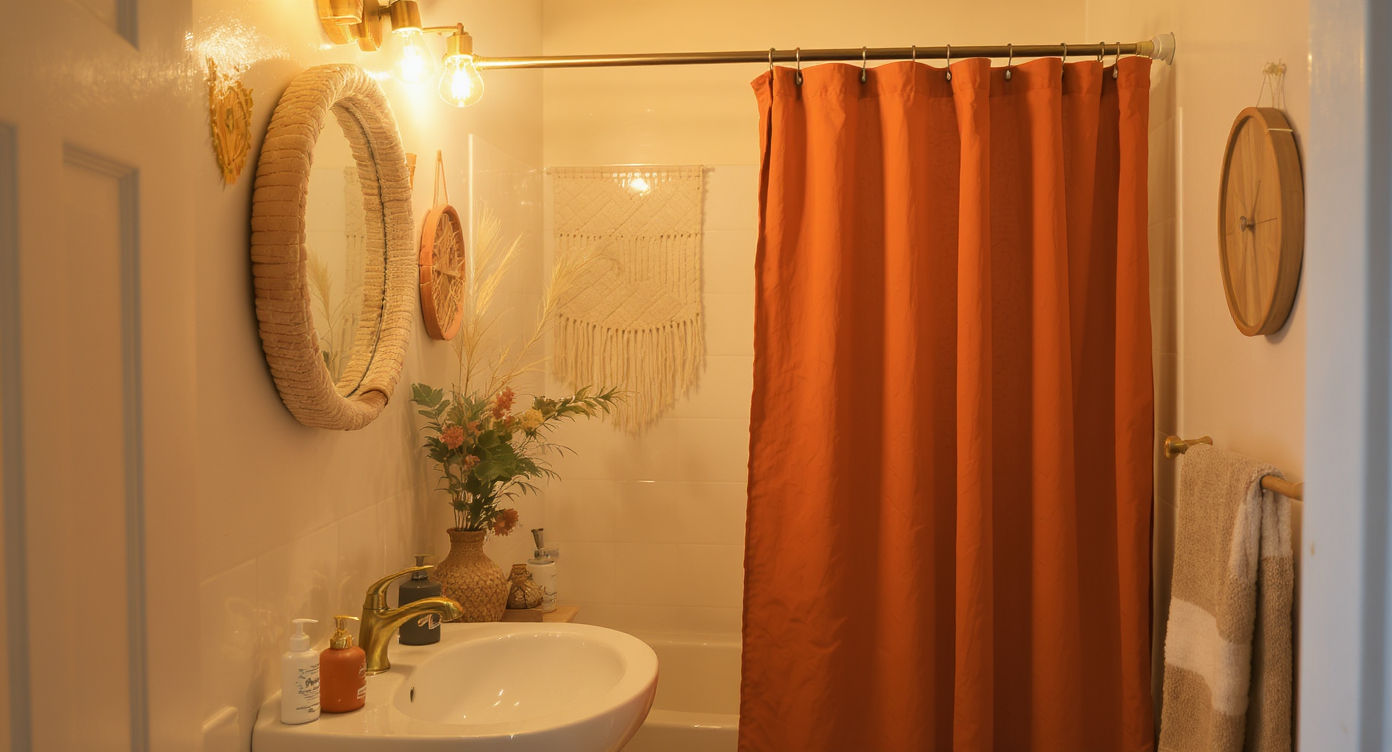 Illustration showing renter-friendly boho bathroom fixes like warm bulbs, terracotta curtain, and textured wall hangings.