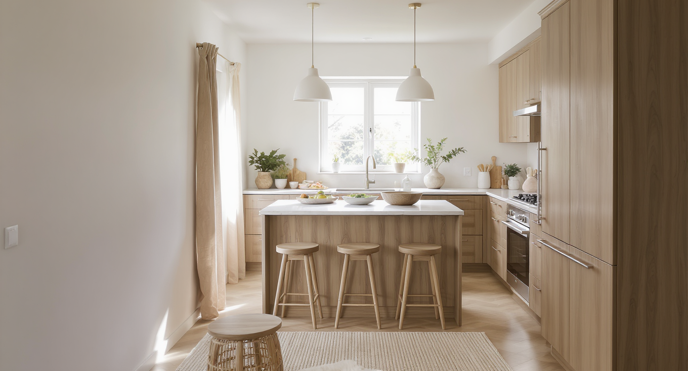 Bright kitchen with soft white walls, mid-tone wood cabinets, a marble-topped island, pendant lighting, and natural daylight creating an airy feel.