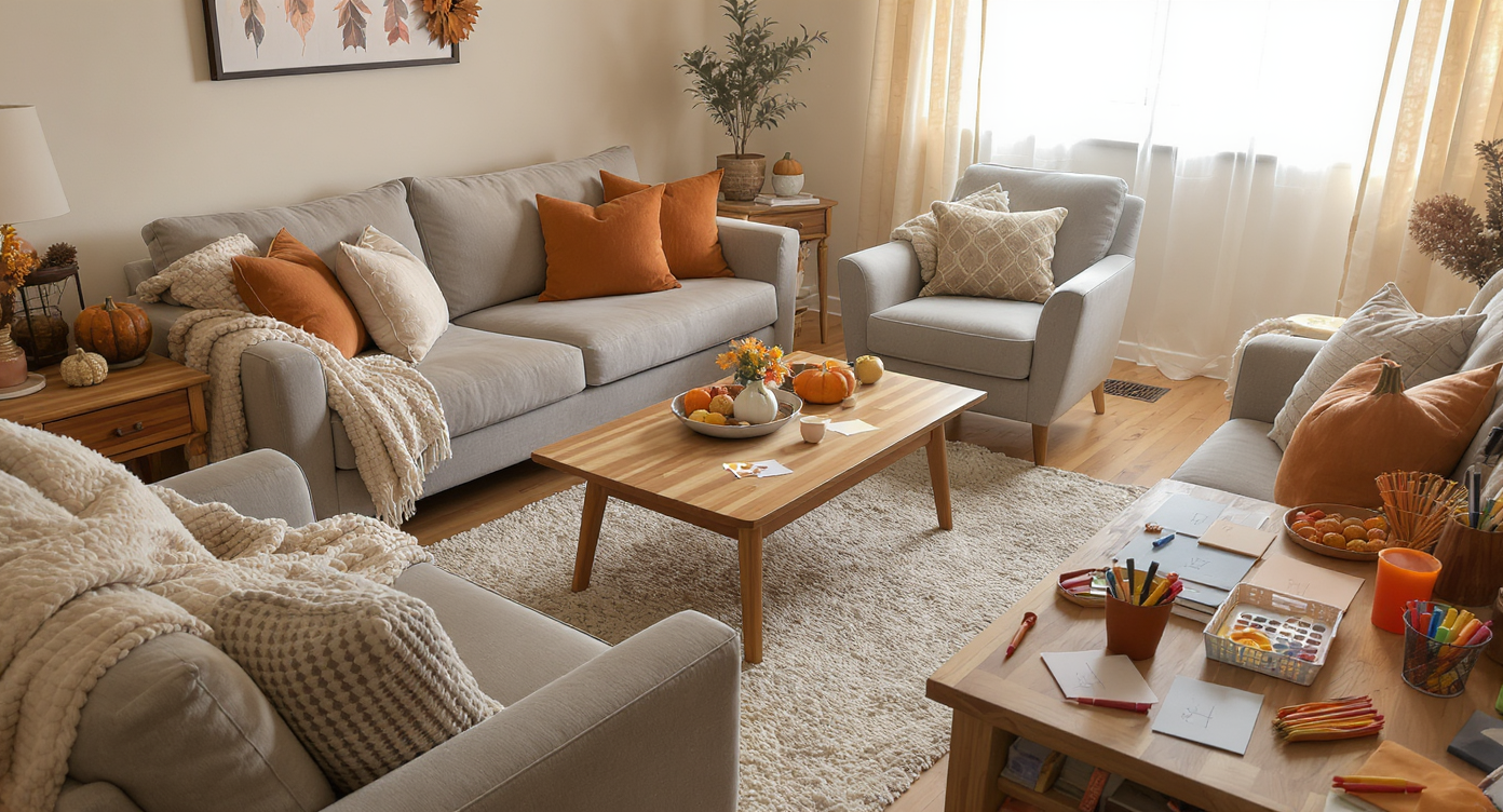 Cozy living room with layered sofas and armchairs, autumn-hued pillows, craft supplies on side table, and warm natural light.