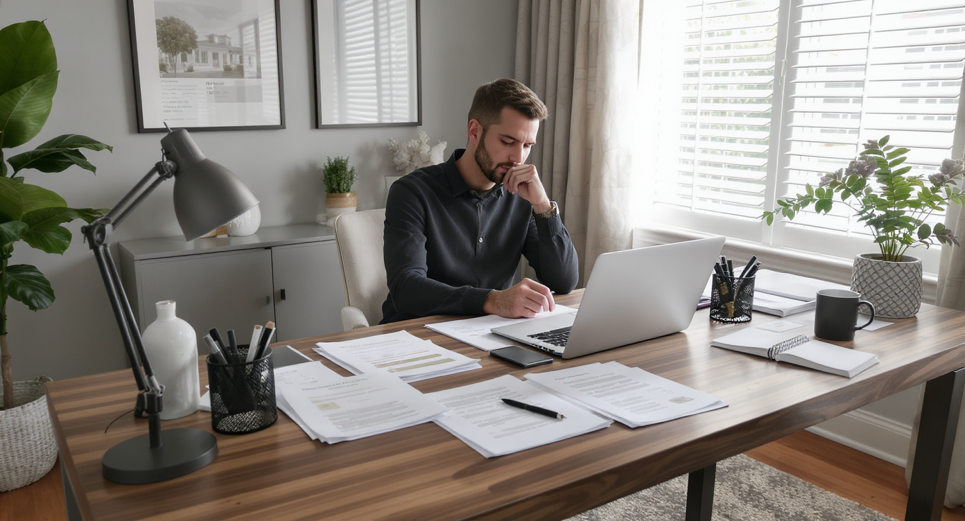 Elegant home office with a person seated at a large desk reviewing real estate documents and a laptop showing house listings. Soft grey walls, black metallic accessories, and natural daylight through blinds create a calm, focused space representing the process of buying a home independently.