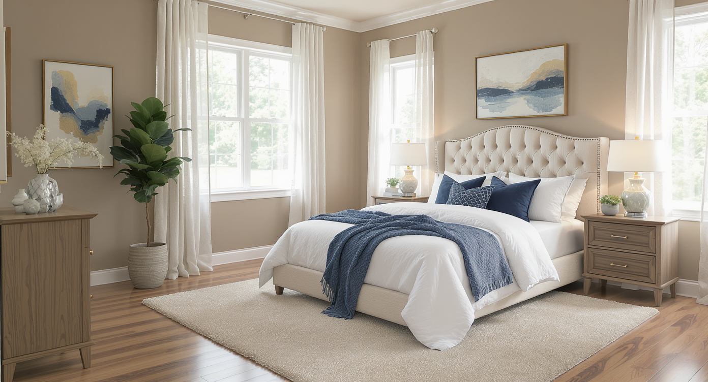 Cozy staged bedroom with beige upholstered bed, navy accents, taupe walls, and warm natural lighting.