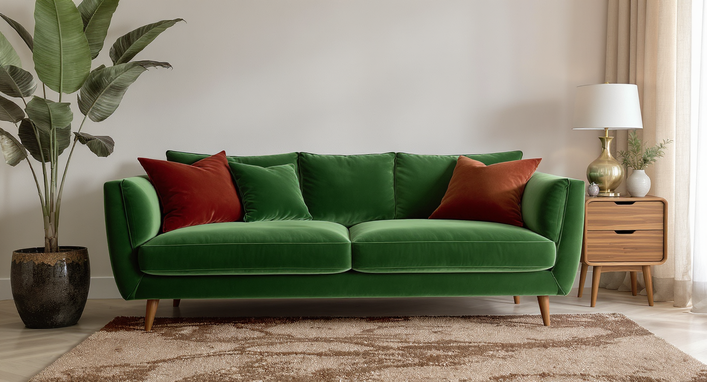 Modern living room corner featuring a saturated green sofa with red rust pillows, natural wood side table, and leafy plant under soft daylight.