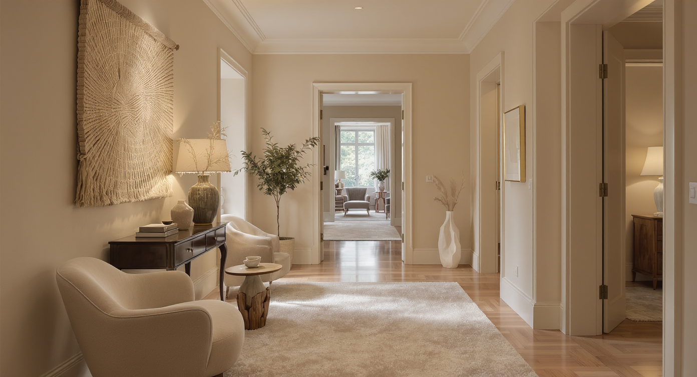 Warmly lit hallway with sculptural furniture, pale oak floors, woven wall hanging, and open doorways leading to cozy rooms.