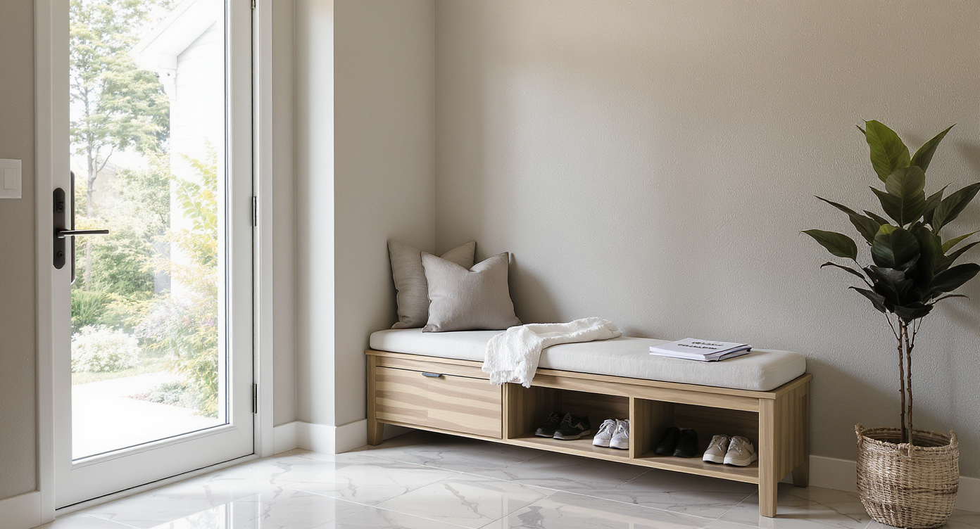 Well-lit modern home entryway with gray walls, wood bench, storage unit, polished stone floor, and organized home inspection folder.