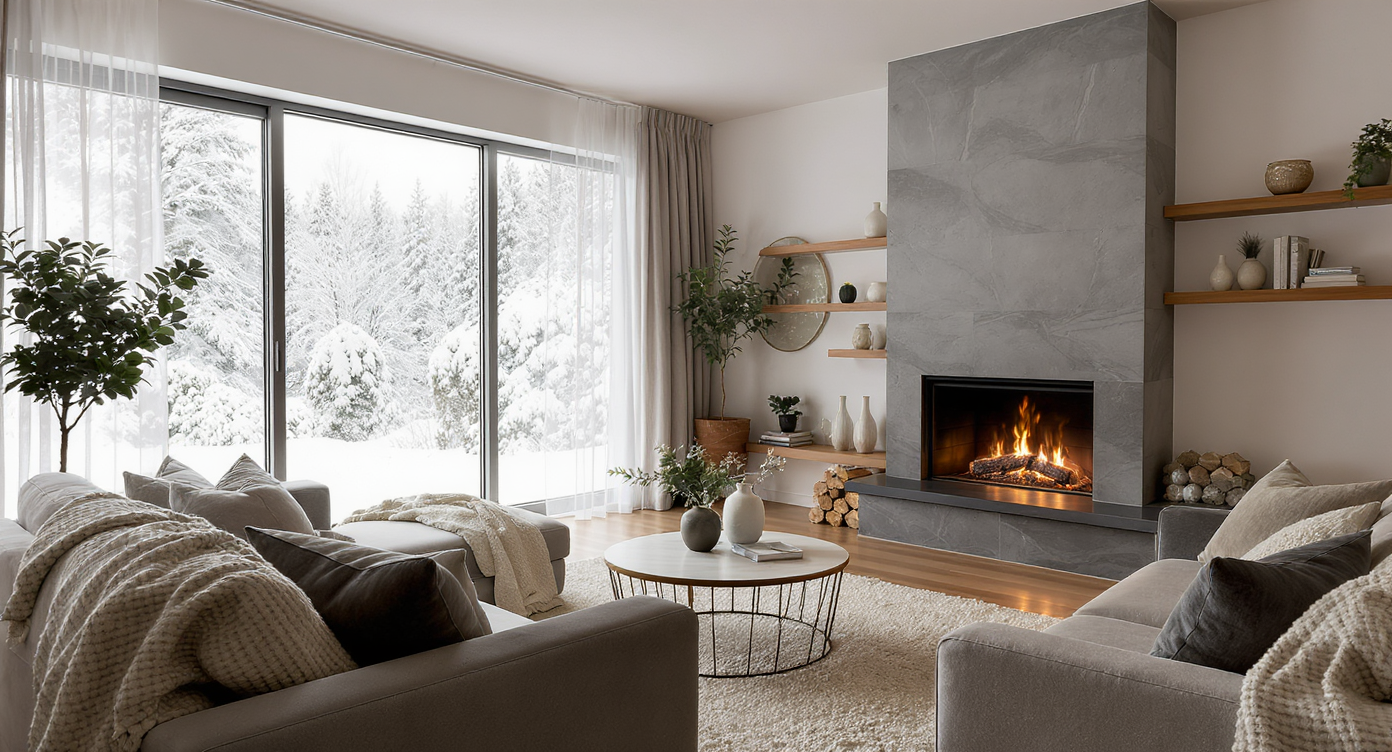 Cozy living room with large windows showing snow outside, warm fireplace, neutral sofas, and textured winter accents.