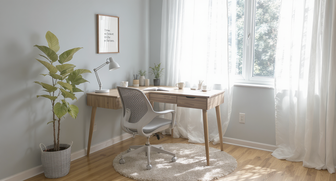 Cozy home office corner with wooden desk near a bright window, ergonomic gray chair, pale blue walls, and green plant for a productive space.