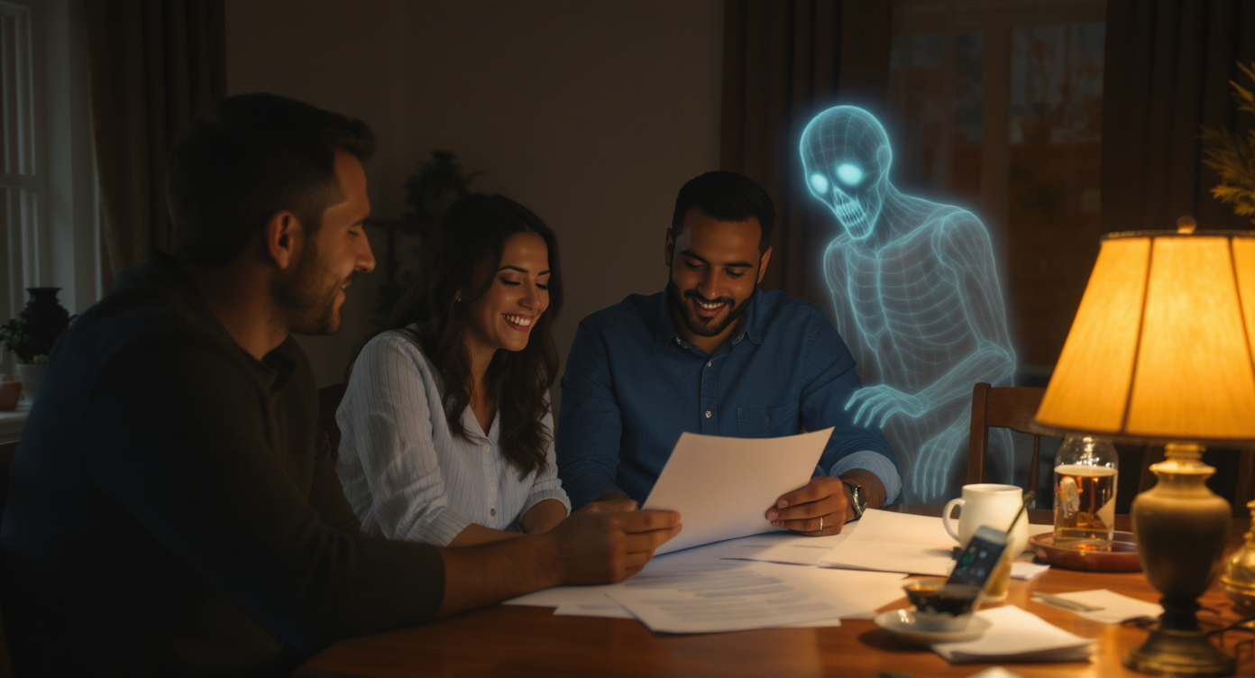 Homebuyers discussing a purchase contract while a faint transparent ghost observes from behind.