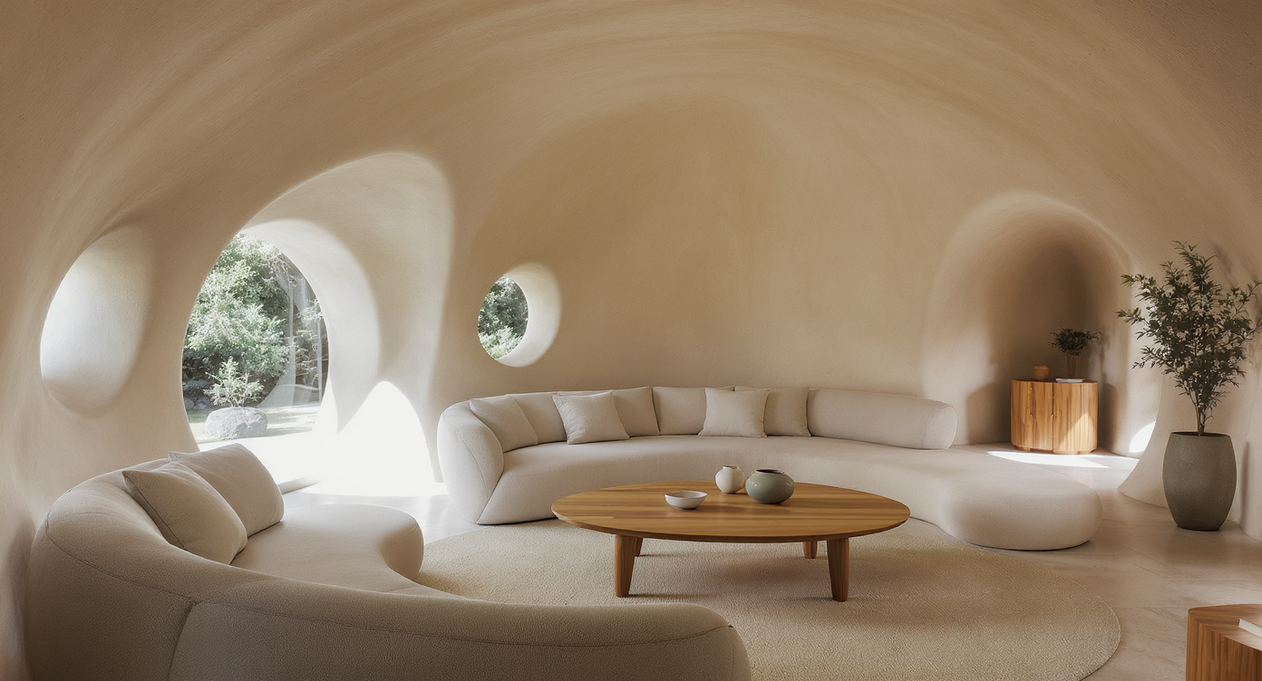 Bright interior with curved taupe plaster walls, travertine floor, warm wood furniture, and diffused natural light through round windows.