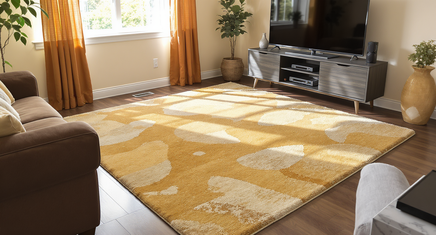 Living room corner with large earth-tone rug over brown hardwood floor, muted wall color, warm curtains, and balanced media console with TV.