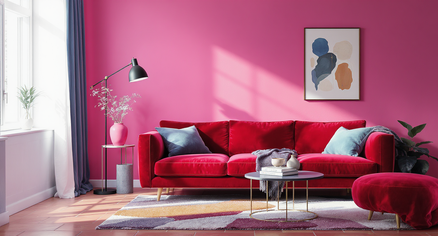Illustration of a living room corner with pink walls, red velvet sofa, cool-toned accents, terracotta tiles, and layered lighting.