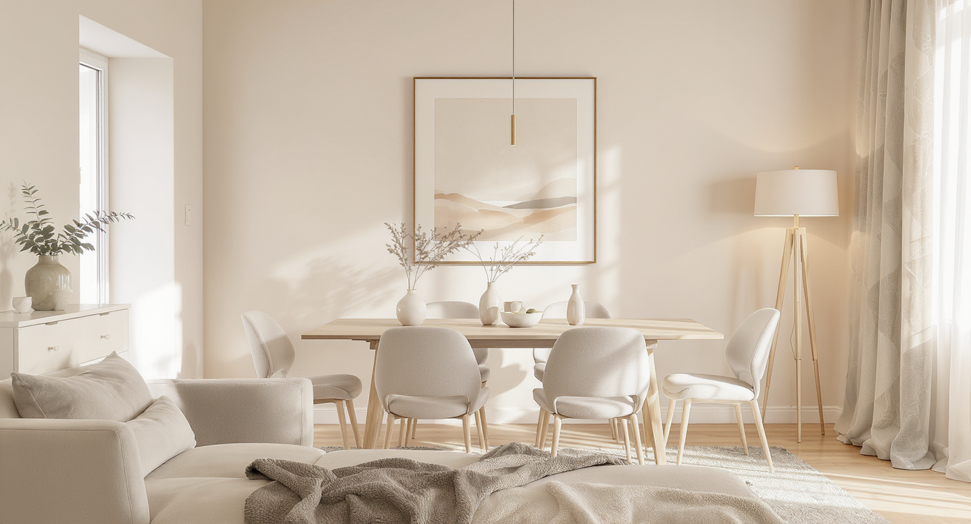 Minimalist beige living-dining area with large art print, subtle dimmer switch glow, and soft natural light.