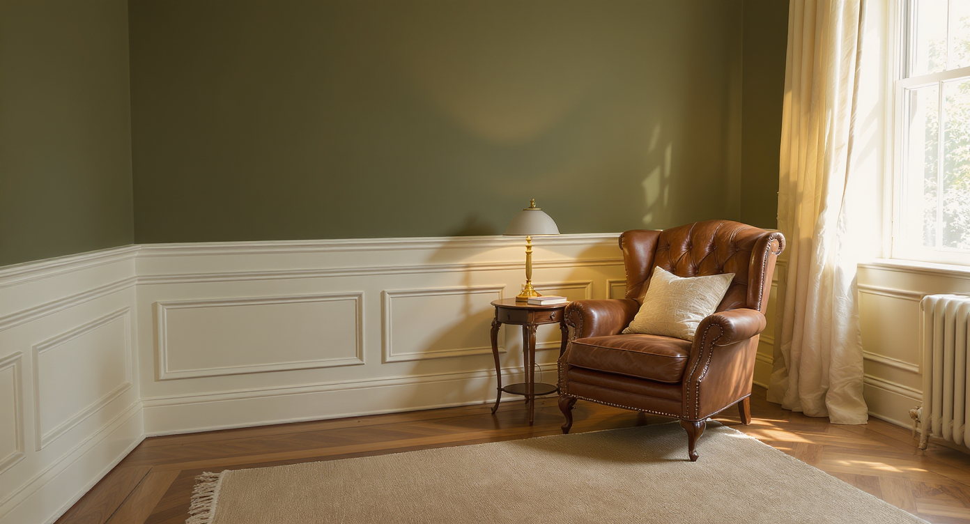 Cozy reading nook with leather armchair, layered moldings on olive-green walls, and soft warm lighting.
