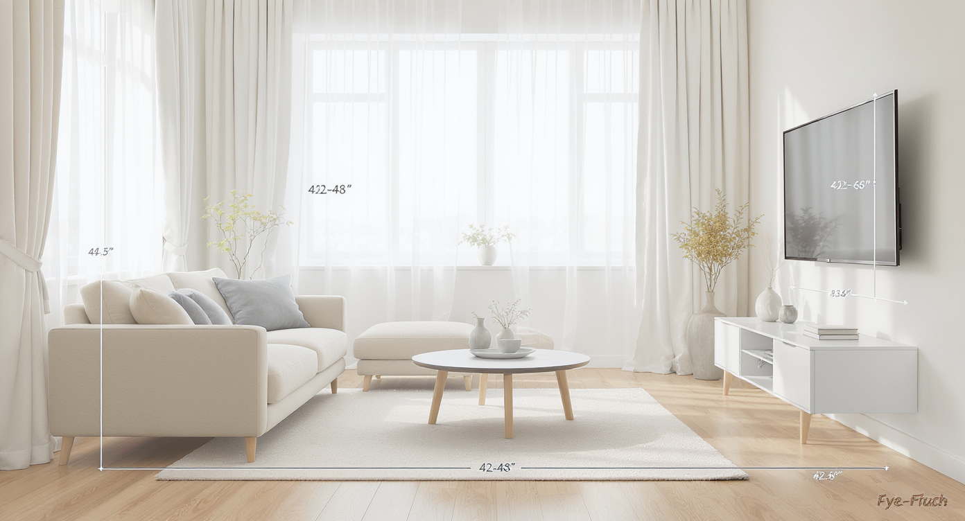 Side view diagram of living room showing TV mounted at 42–48 inches aligned with seated eye level, sofa, and coffee table